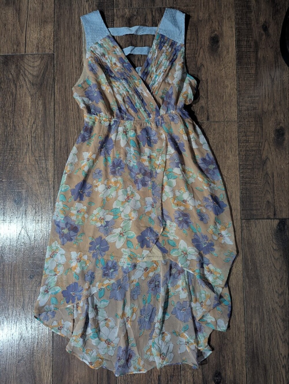 Very J Women's Beige & Blue Floral High Low Chiffon Dress Size L NWT Light Flowy